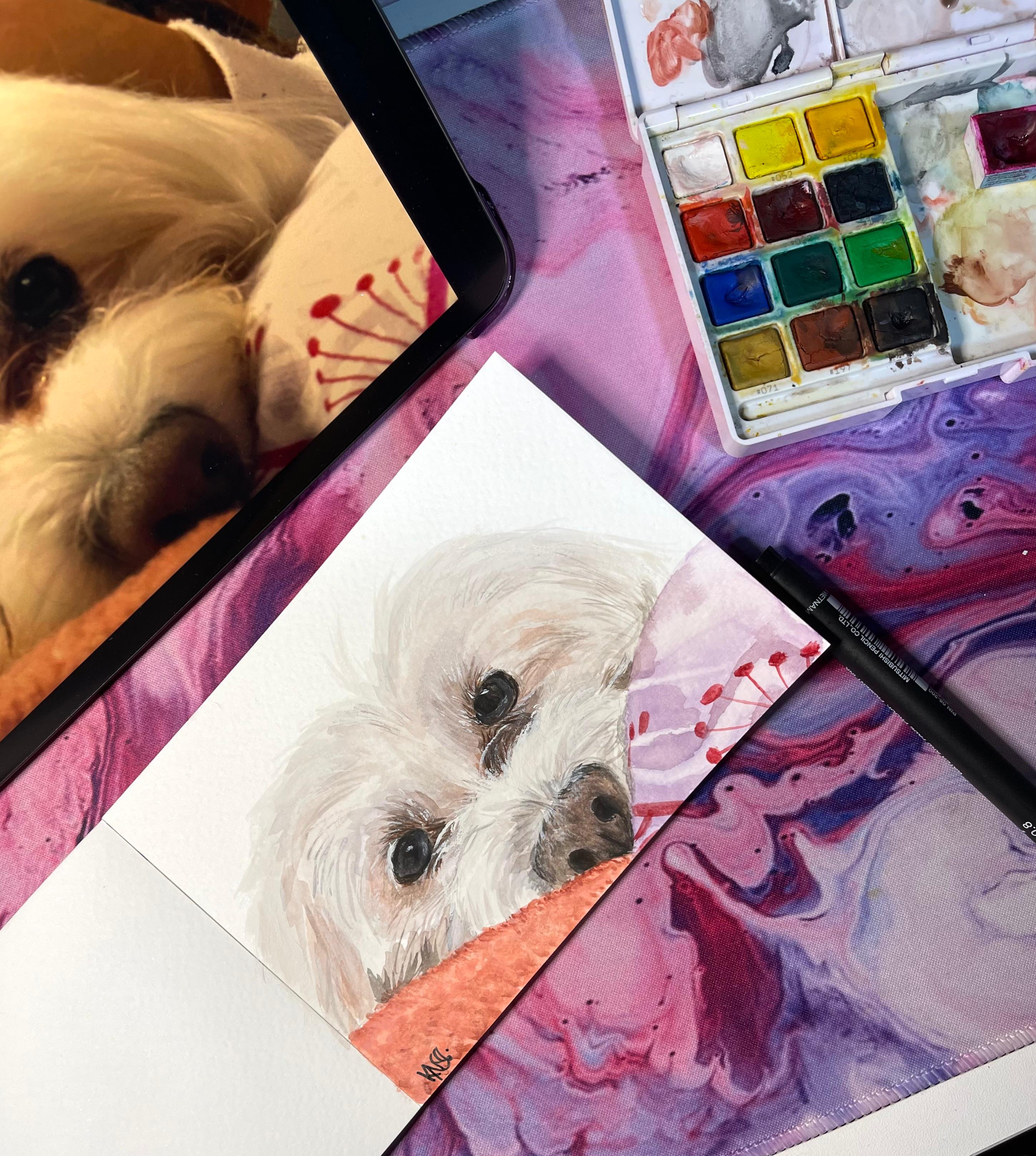 Watercolor painting of Coby, the artist's dog